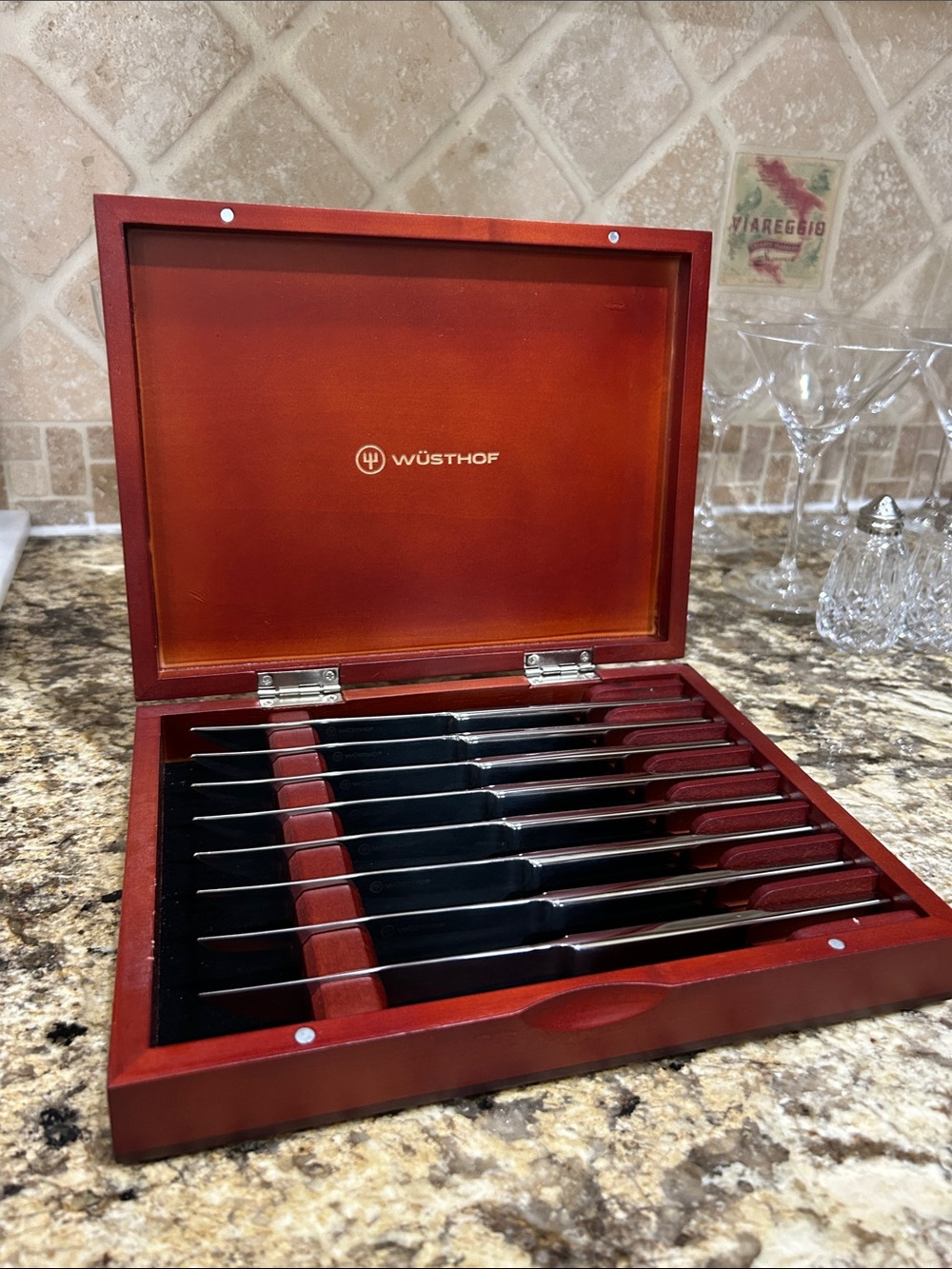 Wusthof Red Wooden Knife Set and Box with Black Felt Slots